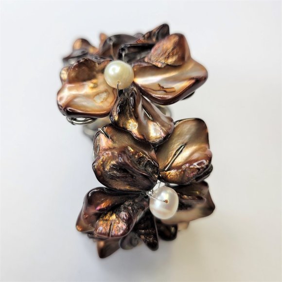 Dark Brown Cuff Bracelet with Pearls and Dyed Mother Of Pearl Shell Bangle -NEW - Picture 6 of 15